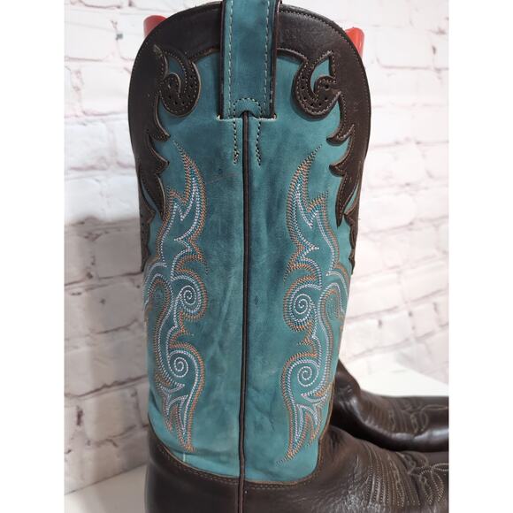 Justin Boots Style L2696 Brown And Teal Leather Cowgirl Western Women Size 6.5 - Picture 3 of 16
